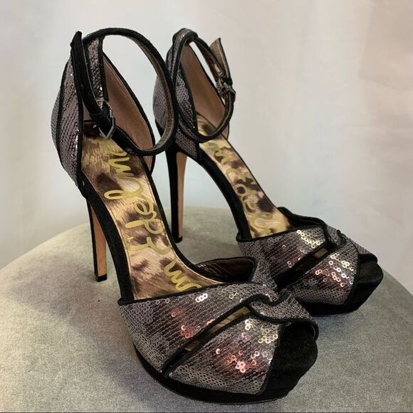 SAM Edelman PAISLEY Sequin Ankle Strap Platform Gray silver Size 8 - Picture 5 of 14